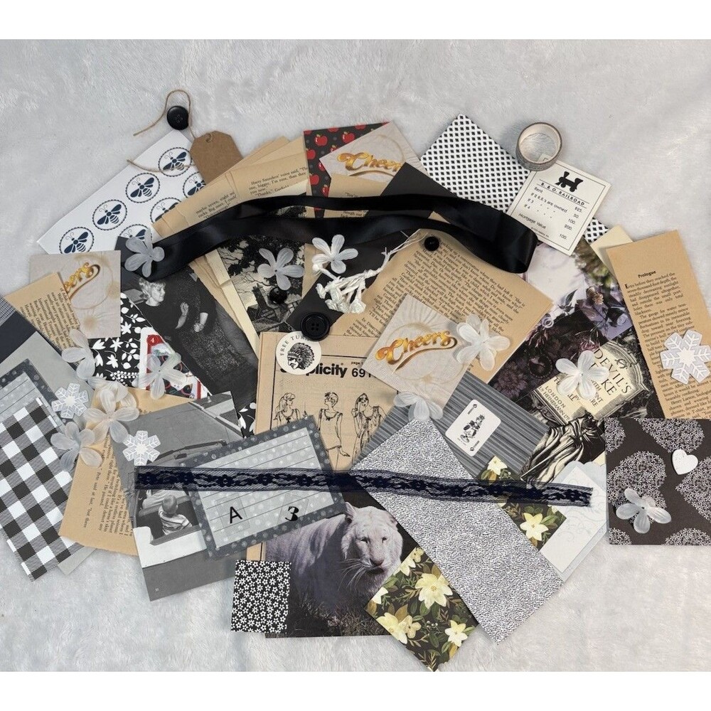 Ephemera Lot Junk Journal Scrapbook Black Theme Mixed Media Art Supply 60+ Piece